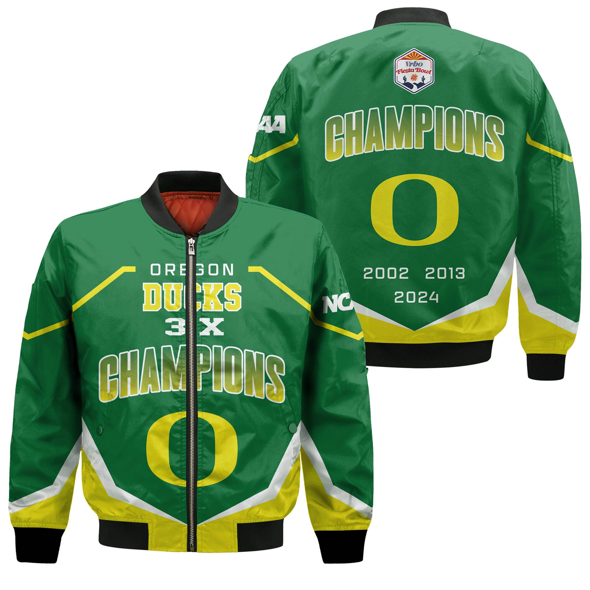 Oregon Ducks NCAA 2024 Fiesta Bowl Champions Green Yellow Printed 3D Bomber Jacket