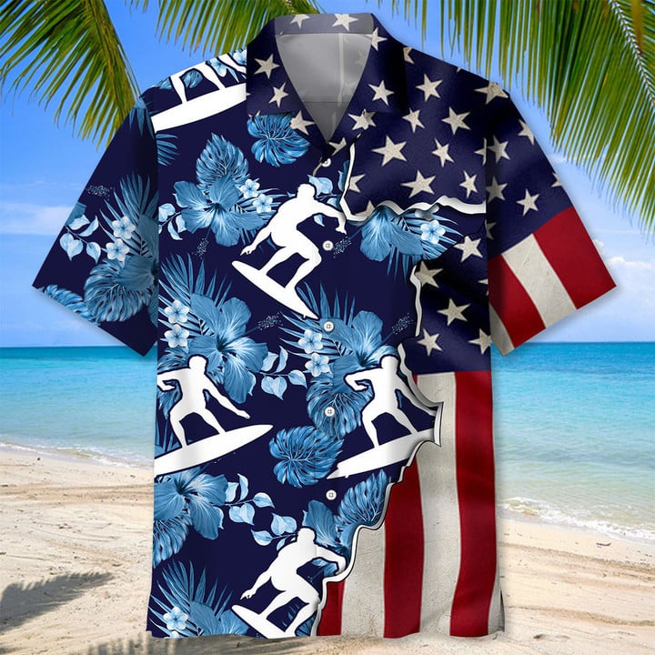 Surfing Tropical Us Flag Hawaiian Shirt, Short Sleeve Summer Vacation Beach Shirts For Men