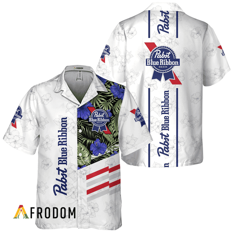 Pabst Blue Ribbon White Tropical Flower Hawaiian Shirt