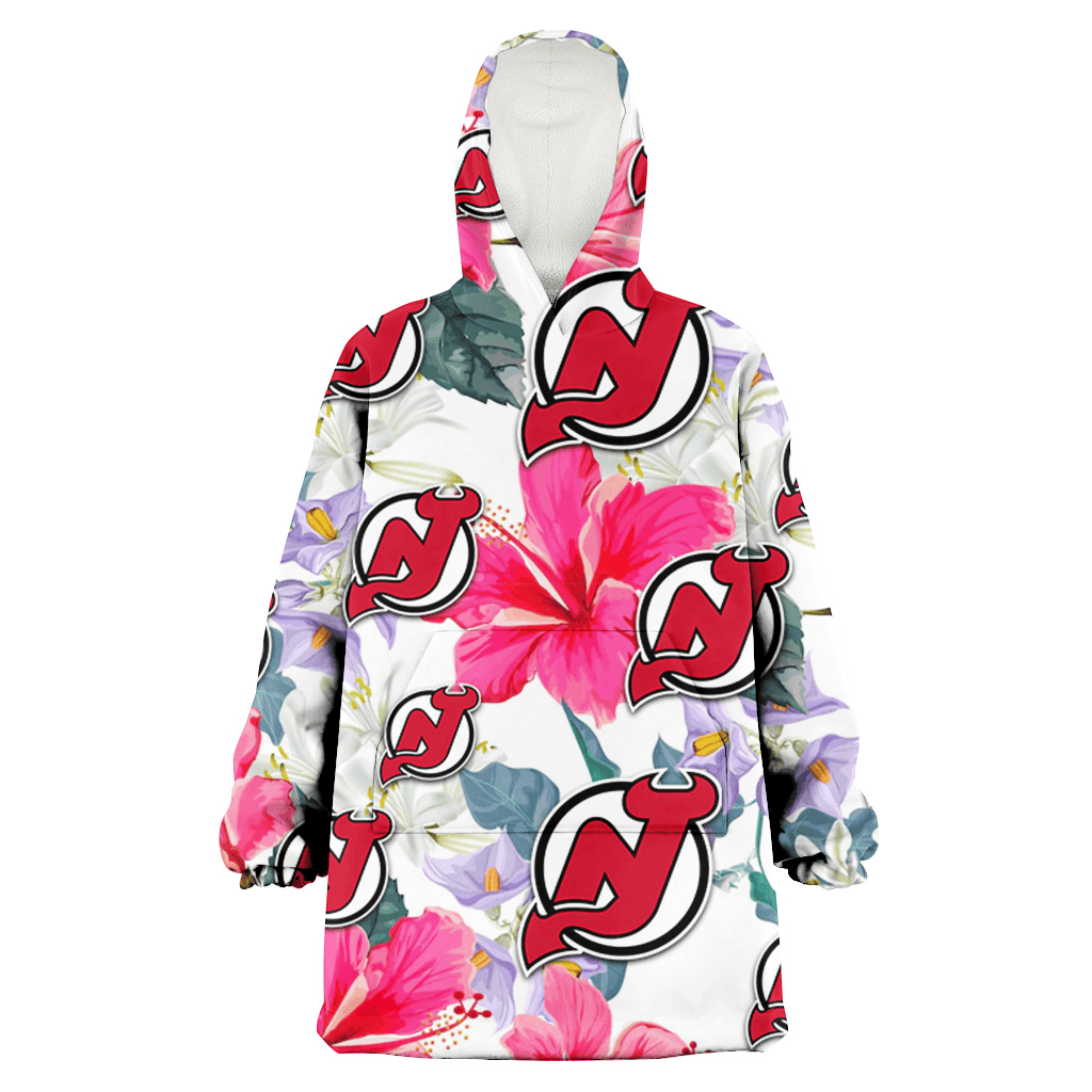 New Jersey Devils Pink Hibiscus White Orchid White Background 3D Printed Hoodie Blanket Snug Hoodie