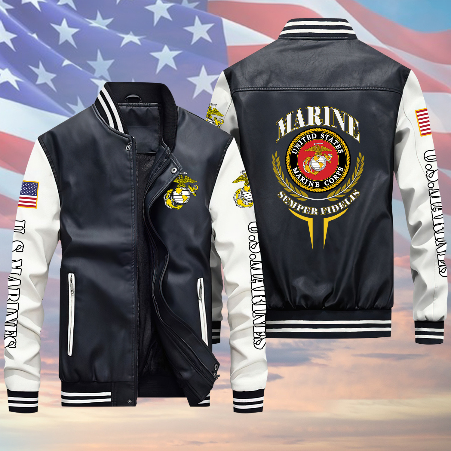 U.S Marine Veteran Semper Fidells Black Winter Gear Leather Bomber Leterman Varsity Jacket