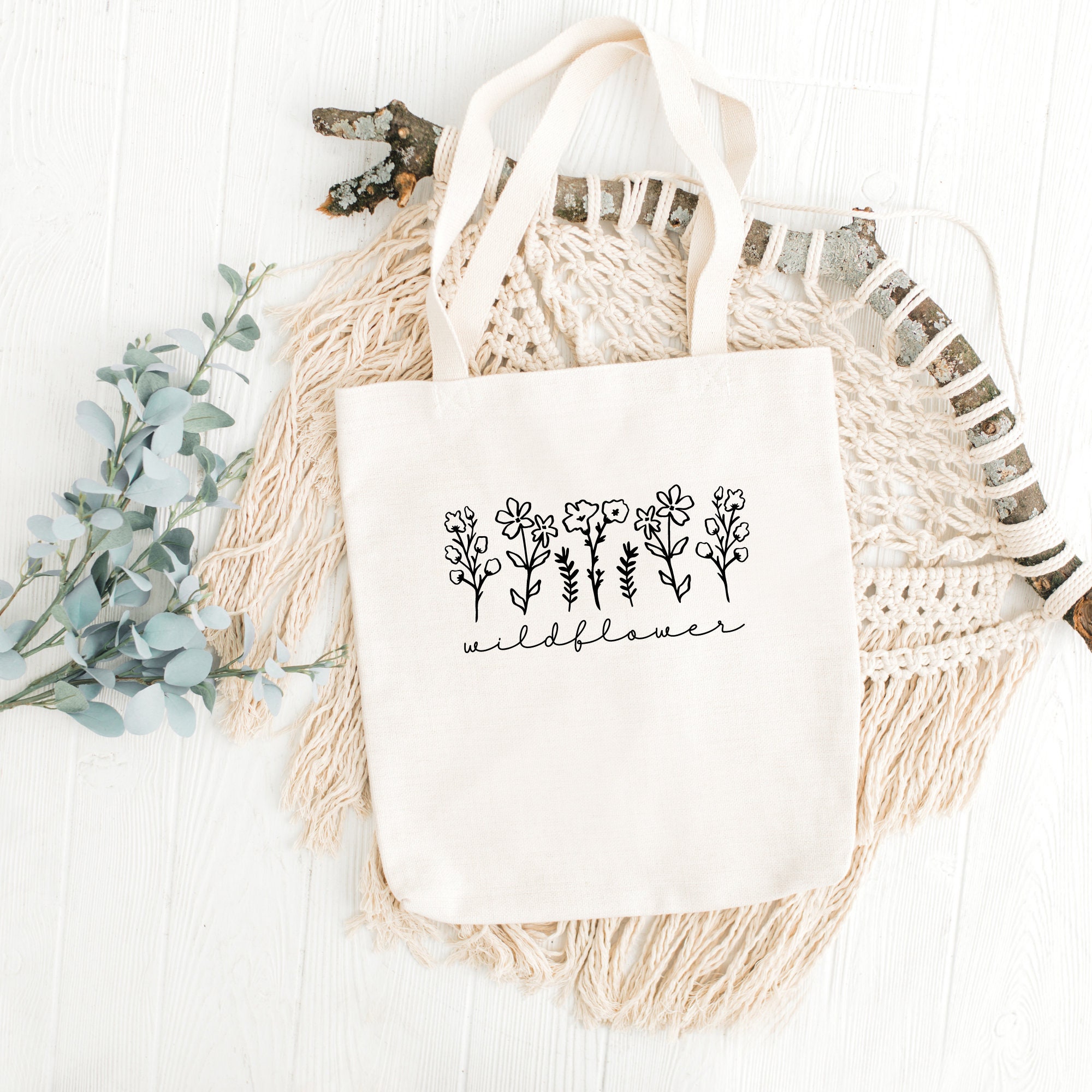 Wildflower Canvas Natural Tote Bag, Personalized Grocery Bag, Gift for Her, Flower bag, Mother’s Day, Bridesmaid, Wedding Accessory