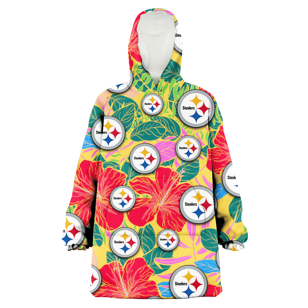 Pittsburgh Steelers Red Hibiscus Green Blue Leaf Yellow Background 3D Printed Hoodie Blanket Snug Hoodie