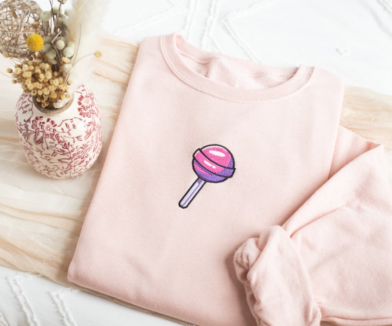 Embroidered Lollipop Sweatshirt, Embroidered Cute Sweatshirt, Cute Sweatshirts for Women, Trendy Crewneck, Preppy Sweatshirt