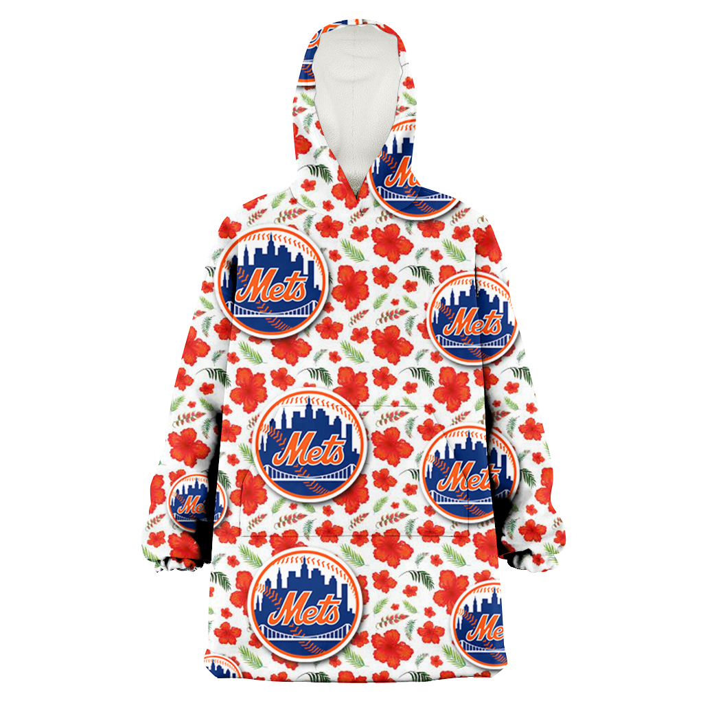 New York Mets Tiny Red Hibiscus Green Leaf White Cube Background 3D Printed Hoodie Blanket Snug Hoodie