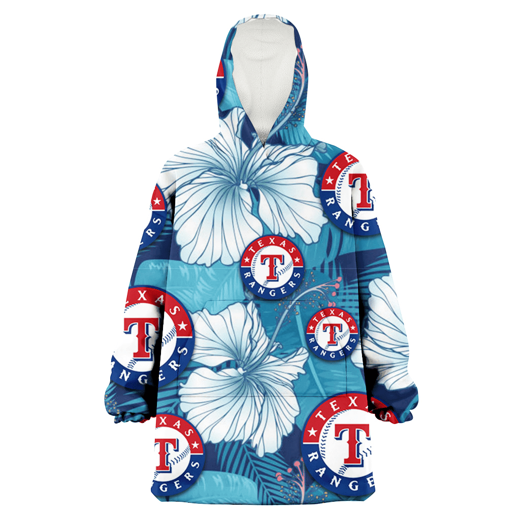 Texas Rangers White Hibiscus Turquoise Banana Leaf Navy Background 3D Printed Hoodie Blanket Snug Hoodie