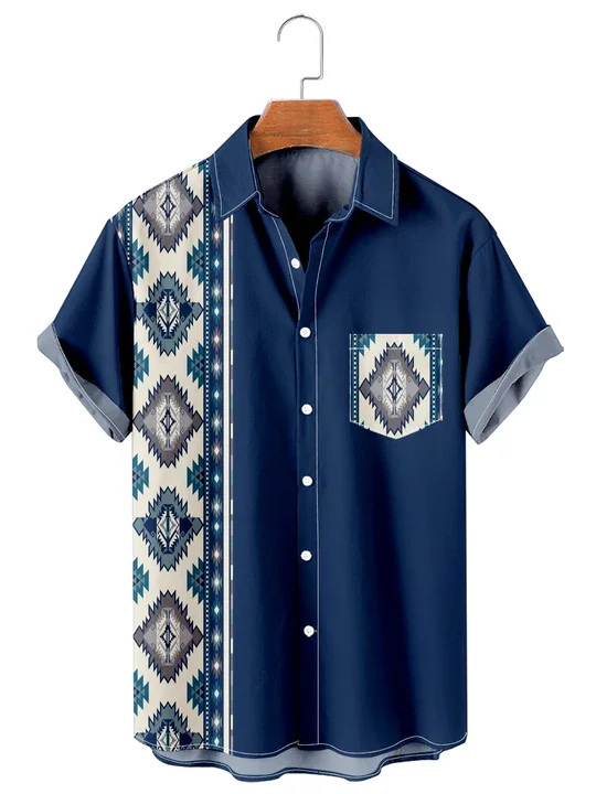 Men’S Simple Ethnic Pattern Patchwork Casual Hawaiian Shirt