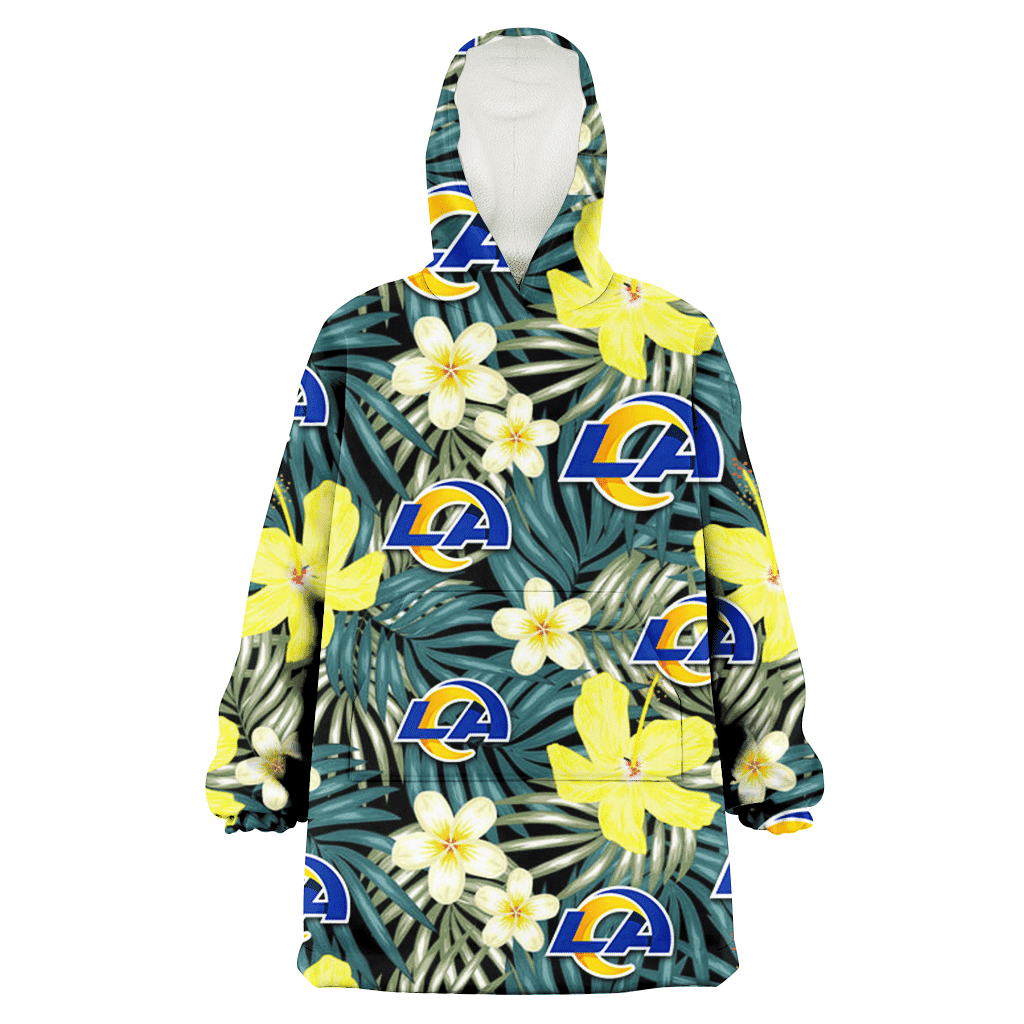 Los Angeles Rams Hibiscus Green Palm Leaf Black Background 3D Printed Hoodie Blanket Snug Hoodie