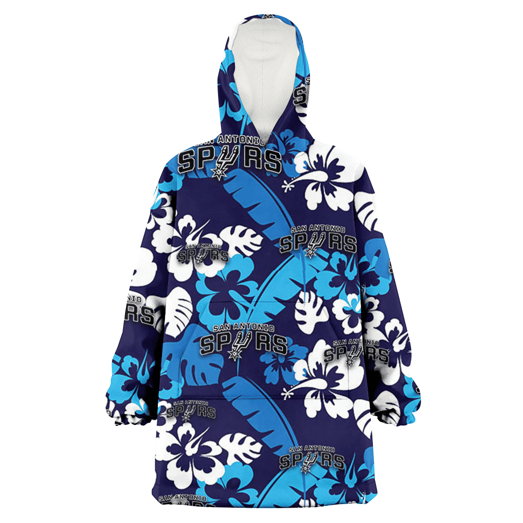 San Antonio Spurs Light Blue Hibiscus Banana Leaf Navy Background 3D Printed Hoodie Blanket Snug Hoodie