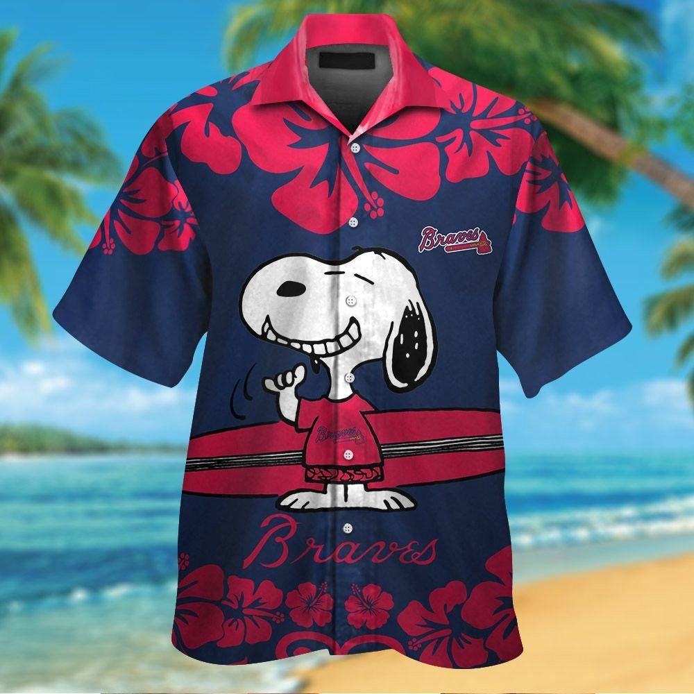 Atlanta Braves Snoopy Short Sleeve Button Up Tropical Hawaiian Shirt