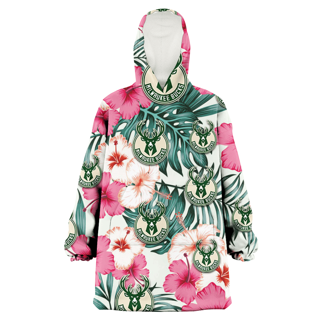 Milwaukee Bucks Coral Pink Hibiscus Green Leaf Beige Background 3D Printed Hoodie Blanket Snug Hoodie