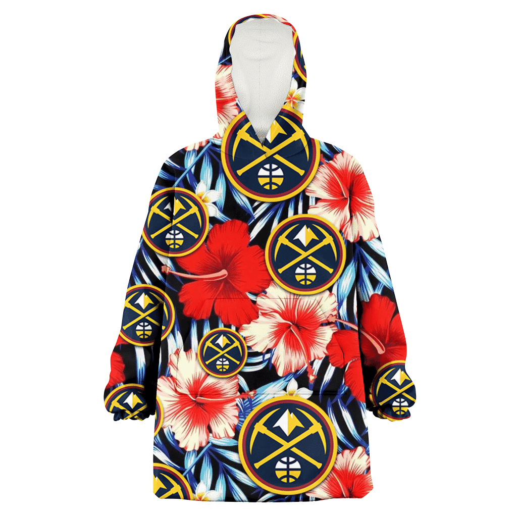 Denver Nuggets Coral Red Hibiscus Blue Palm Leaf Black Background 3D Printed Hoodie Blanket Snug Hoodie