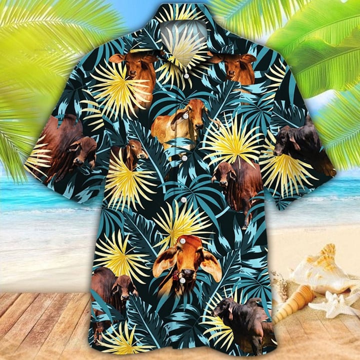 Brahman Cattle Blue And Yellow Tropical Plants Hawaiian Shirt, Aloha Shirt