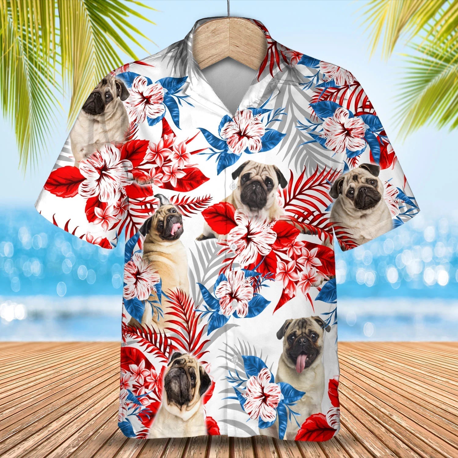 Pug Flower American Flag Hawaiian Shirt, Summer Aloha Shirt, Men Hawaiian Shirt, Gift For Summer