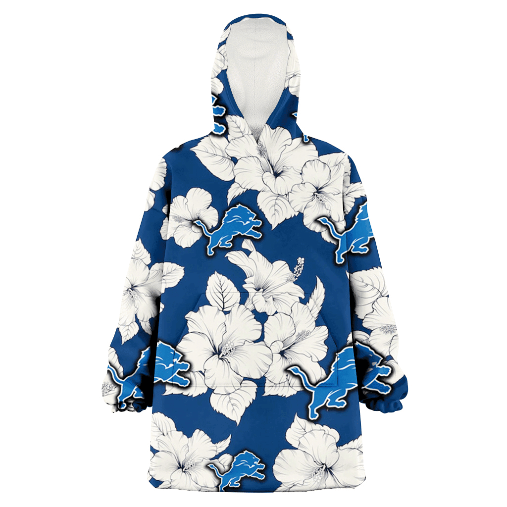 Detroit Lions White Big Hibiscus Blue Background 3D Printed Hoodie Blanket Snug Hoodie