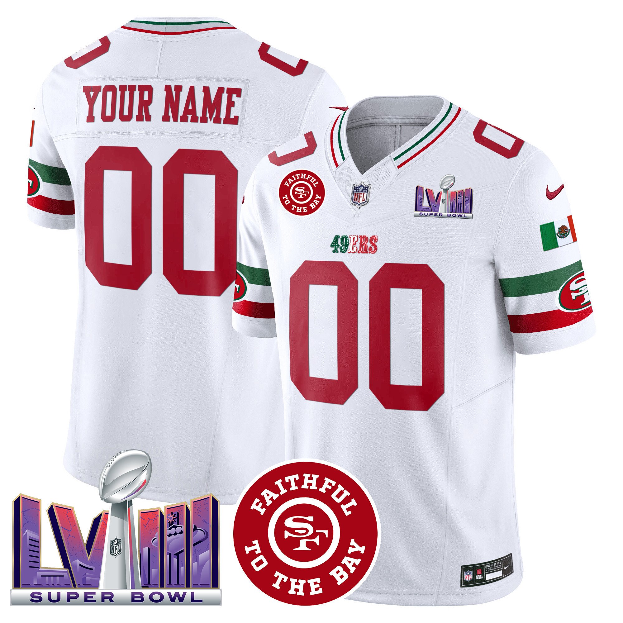 49Ers Mexico Faithful & Super Bowl Lviii Patch Vapor Custom Jersey – All Stitched