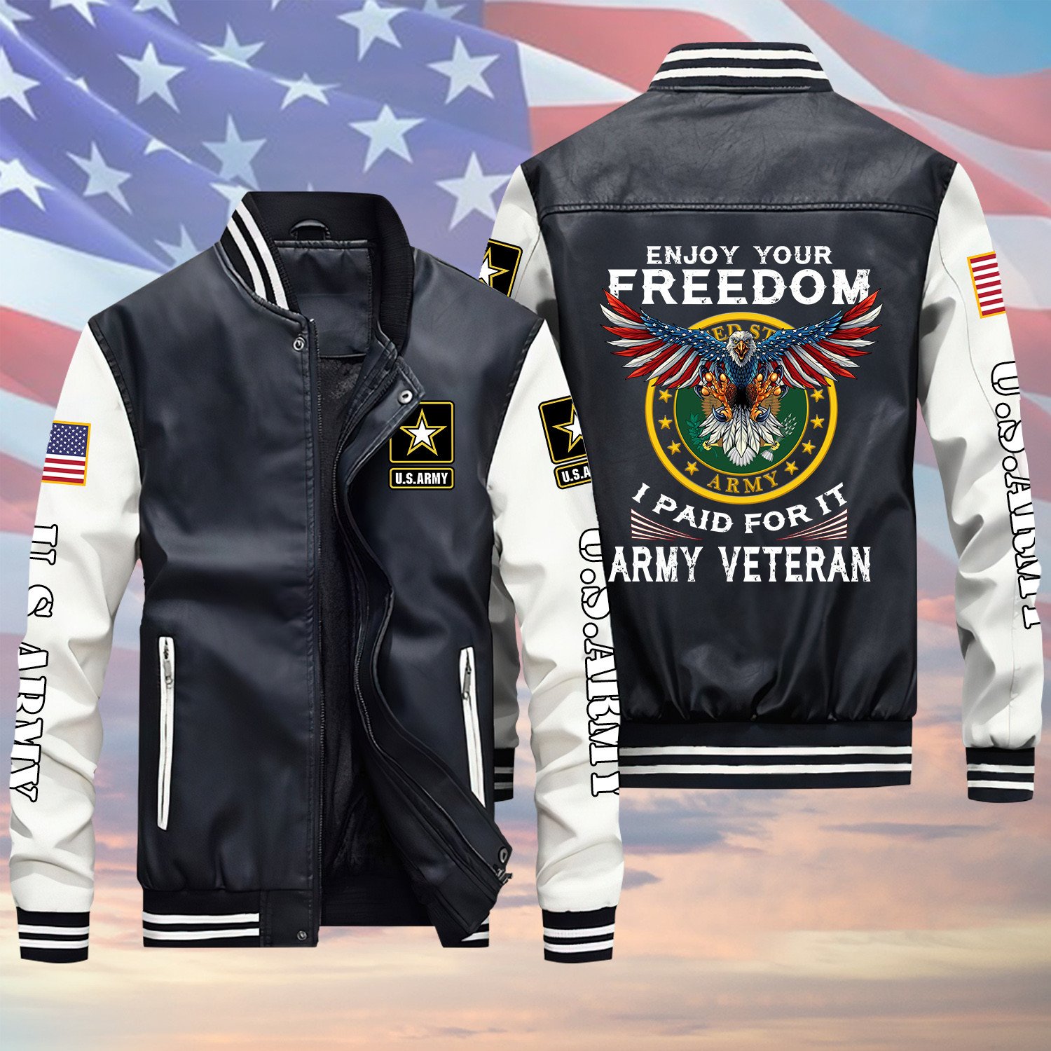 USA Enjoy Your Freedom I Paid For It US Army Veteran Black Winter Gear Leather Bomber Leterman Varsity Jacket