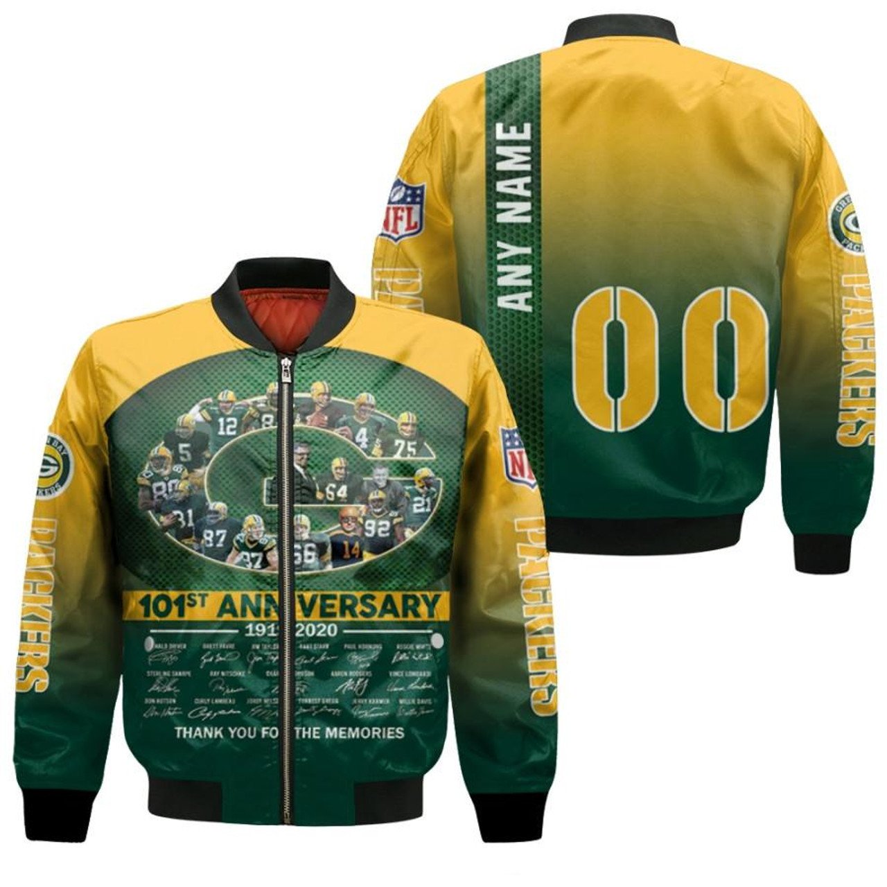 Green Bay Packers st Anniversary Thank You For The Memories Signature With Custom Name Number Bomber Jacket