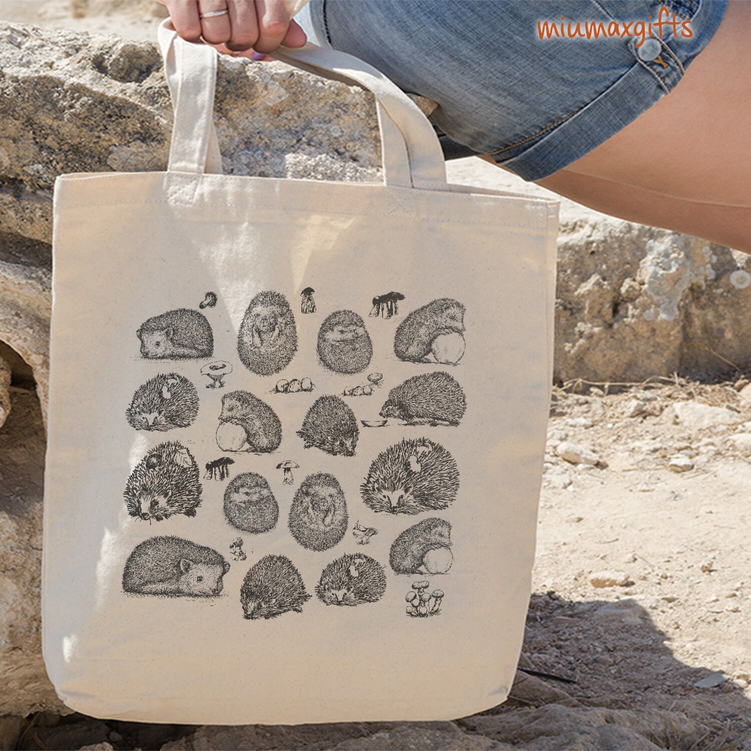 Hedgehog Tote Bag, Badger Bag, Hedgehog Tote , Hand Drawn Design By Miumaxgift, Wildlife Natural Cotton Tote Bag, Eco-Friendly Tote Bag