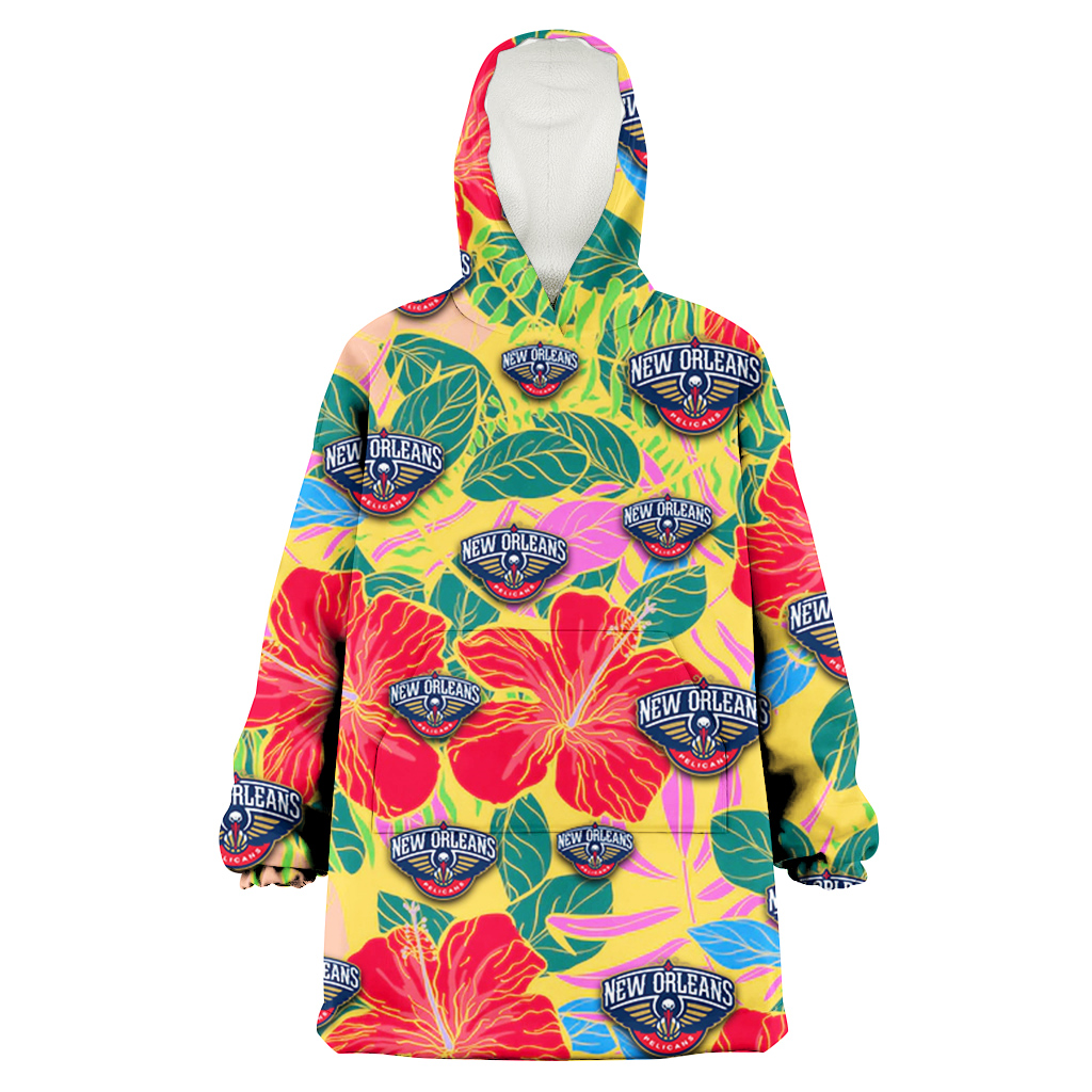 New Orlean Pelicans Red Hibiscus Green Blue Leaf Yellow Background 3D Printed Hoodie Blanket Snug Hoodie