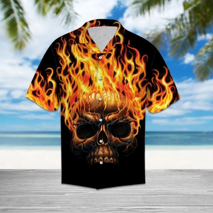 Hawaiian Shirt Flame Metal Skull Head In Black Hawaii Shirt For Men