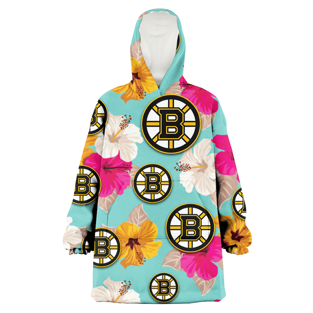 Boston Bruins Pink Yellow White Hibiscus Turquoise Background 3D Printed Hoodie Blanket Snug Hoodie