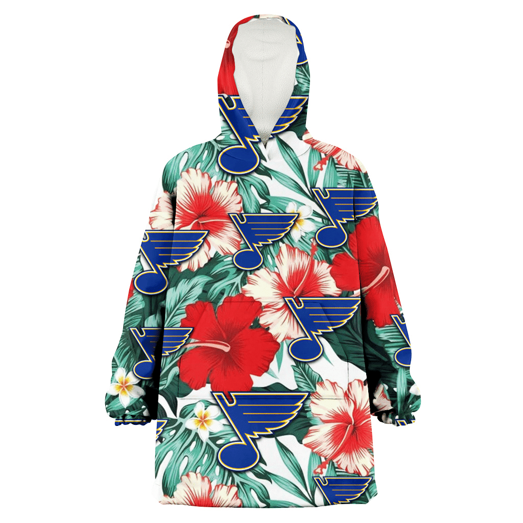 St. Louis Blues Red Coral Hibiscus White Porcelain Flower Banana Leaf 3D Printed Hoodie Blanket Snug Hoodie