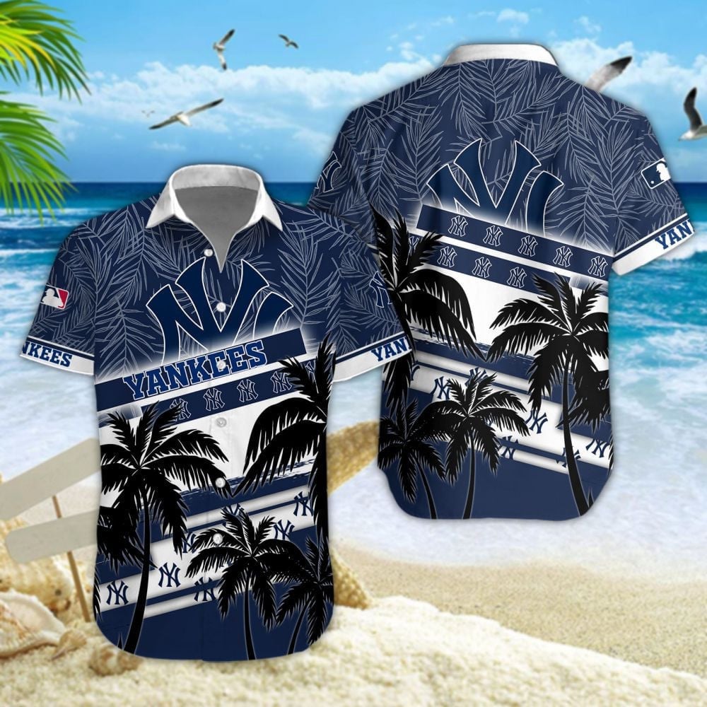 New York Yankees Mlb Black Palm Trees And Team Logo 3D Hawaiian Shirt