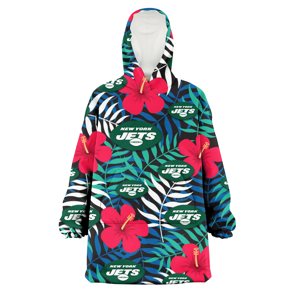 New York Jets Red Hibiscus Green Blue White Leaf Black Background 3D Printed Hoodie Blanket Snug Hoodie