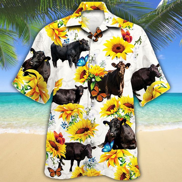 Black Angus Cattle Sunflower Hawaiian Shirt, Cow Hawaiian Shirt For Men, Women