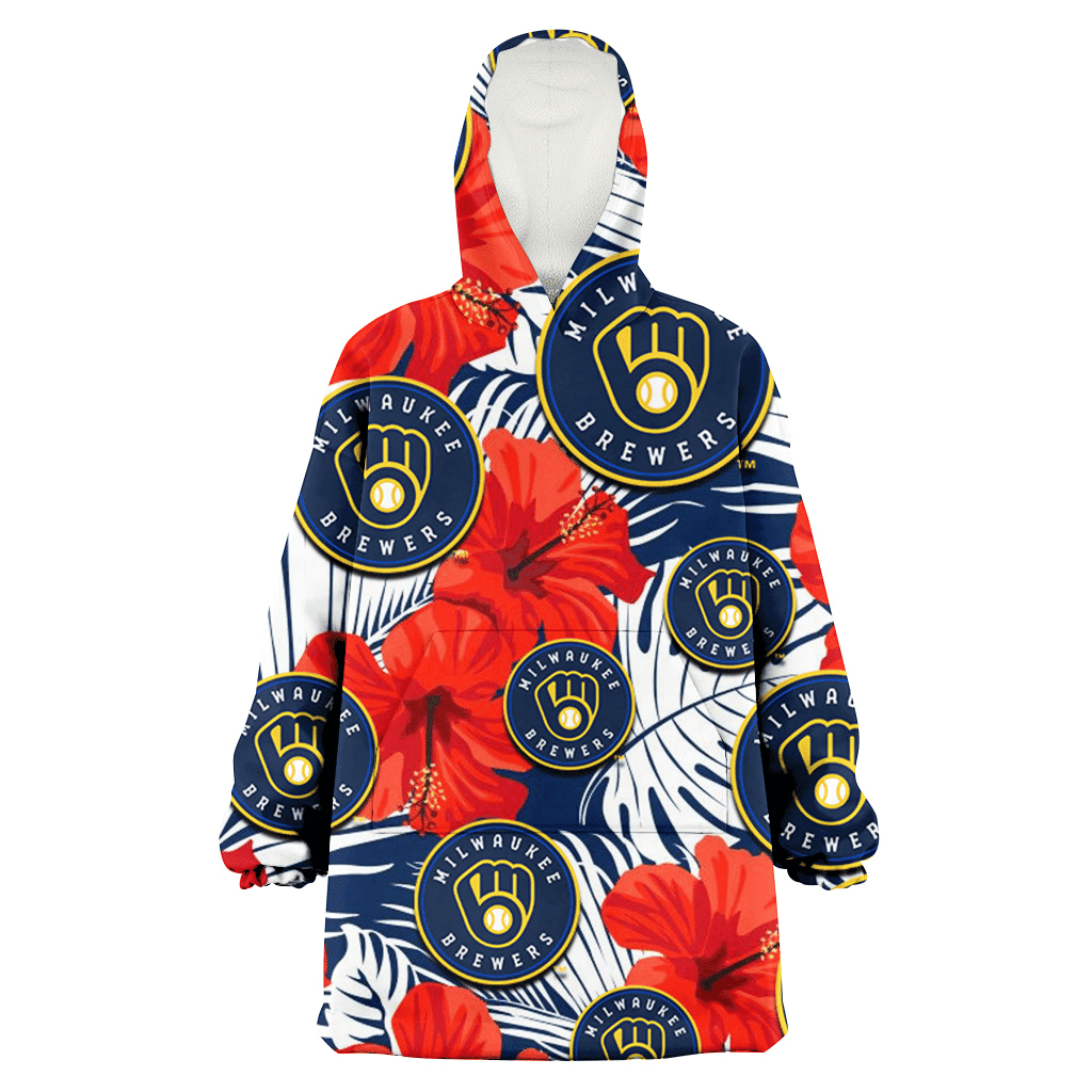 Milwaukee Brewers White Tropical Leaf Red Hibiscus Navy Background 3D Printed Hoodie Blanket Snug Hoodie