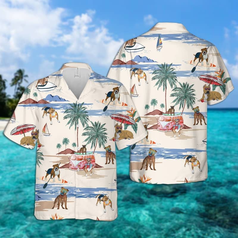 Staffordshire Bull Terrier Summer Beach Hawaiian Shirt, Dog Beach Short Sleeve Hawaiian Shirt