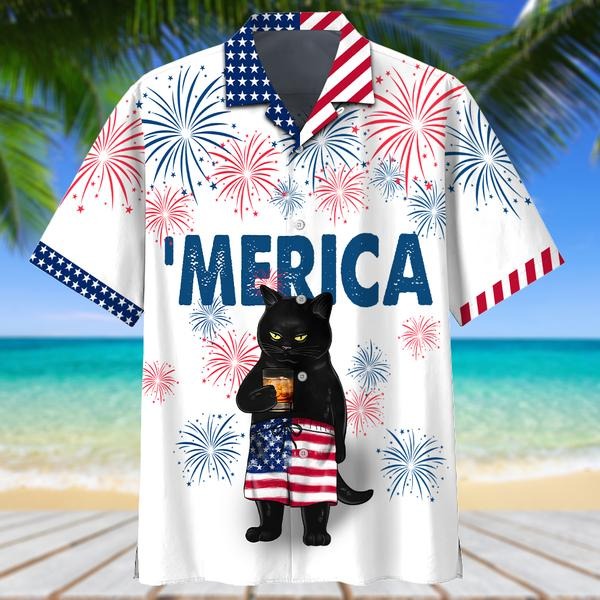 Black Cat Hawaiian Shirt, Independence Day Cat Hawaiian Shirts, Merica Patriotic Gift For Cat Lovers