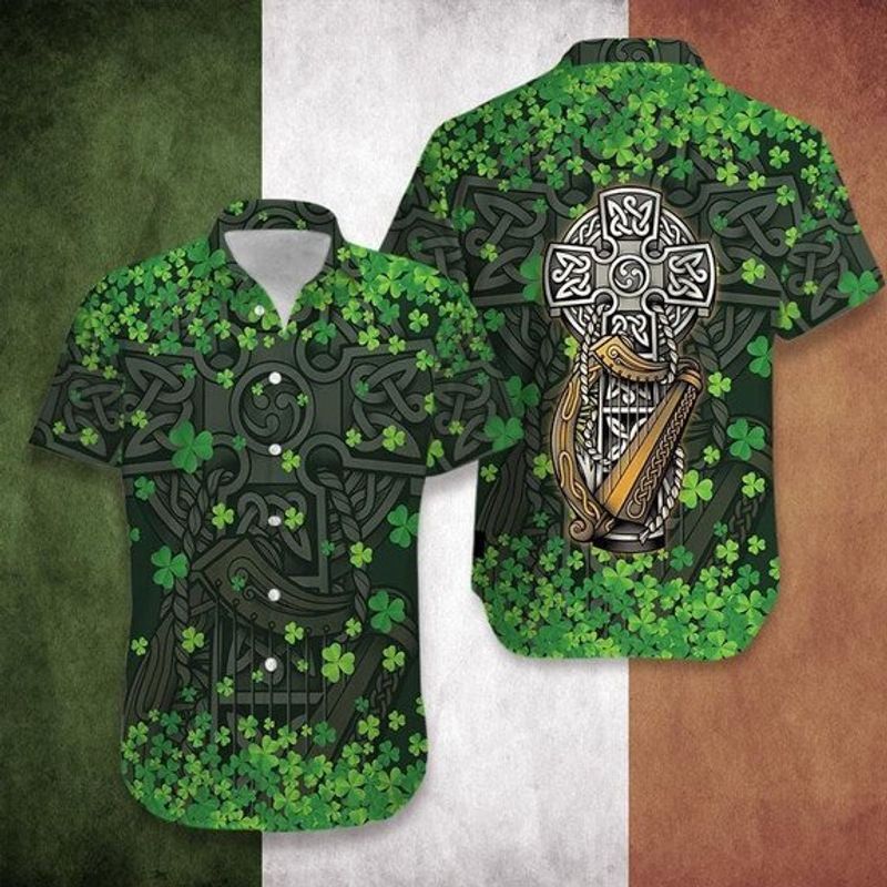 Hawaiian Aloha Shirts, Irish St Patrick’S Day The Celtic Cross Harp, St Patrick’S Day Hawaiian Shirt