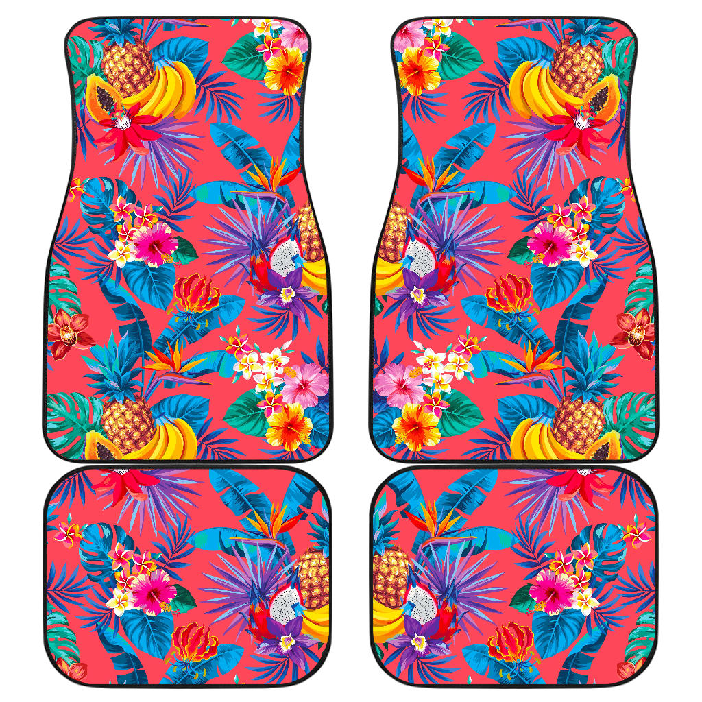 Pink Hawaiian Fruits Pattern Print Front And Back Car Floor Mats, Front Car Mat