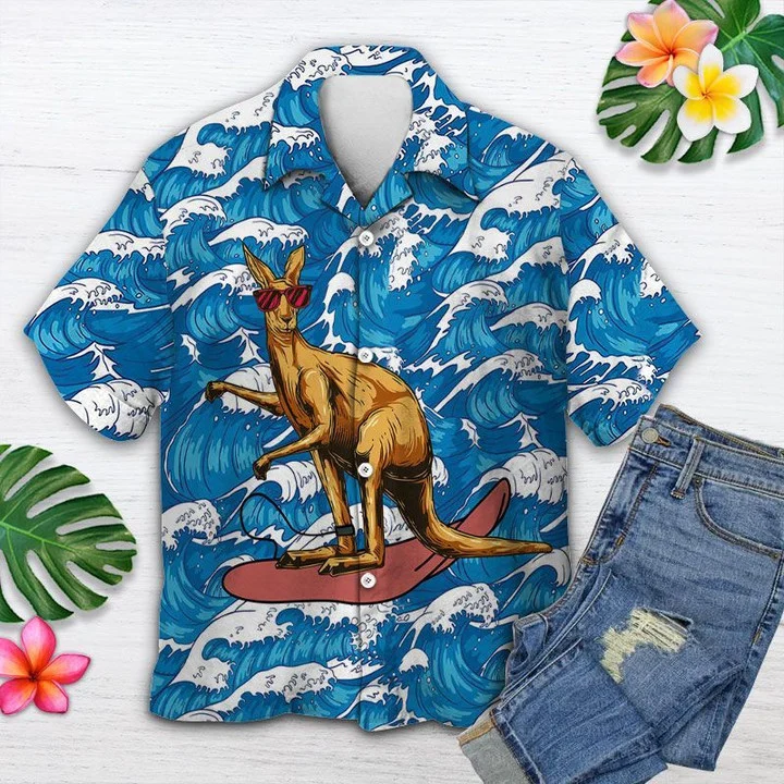 Red Glasses Kangaroo Surfing On Ocean Waves Hawaiian Shirt