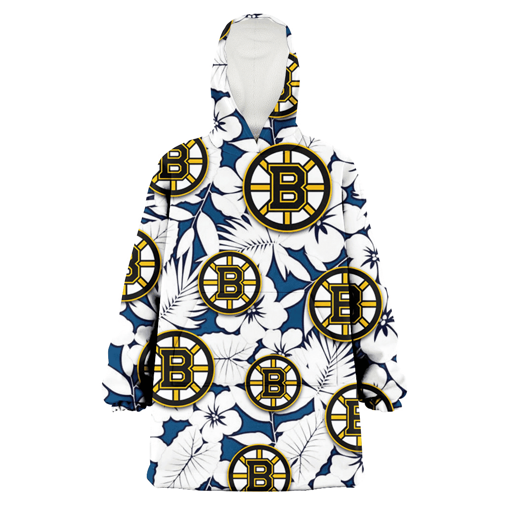 Boston Bruins White Hibiscus And Leaves Blue Background 3D Printed Hoodie Blanket Snug Hoodie