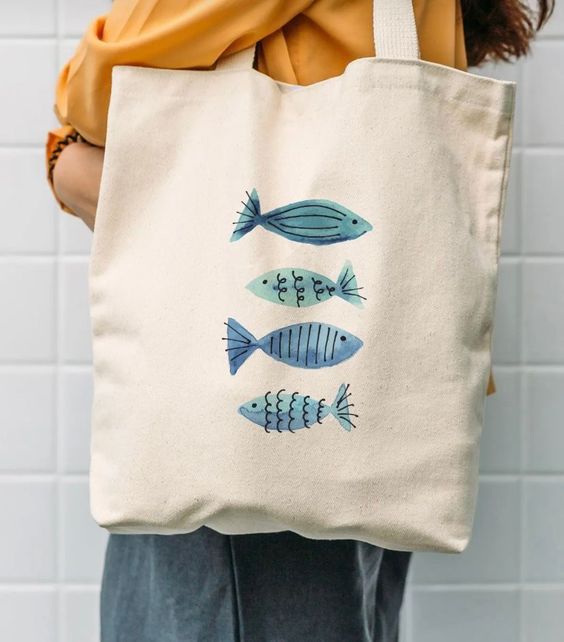 Ceylin Hobi Hediyelik Quadruple Blue Fish Printed Cloth Bag, Canvas Tote Bags, Tote Bag Design, Tote Bag Idea