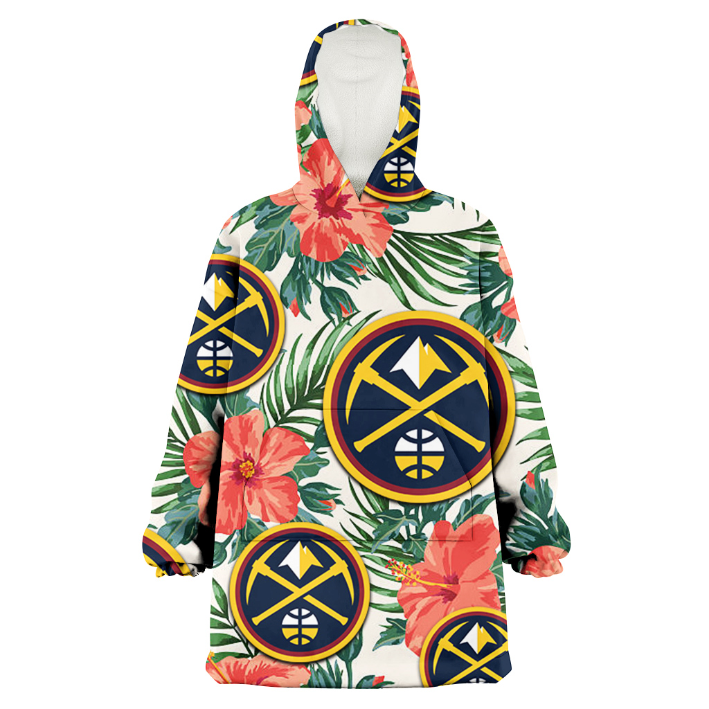 Denver Nuggets Coral Hibiscus Green Leaf Beige Background 3D Printed Hoodie Blanket Snug Hoodie