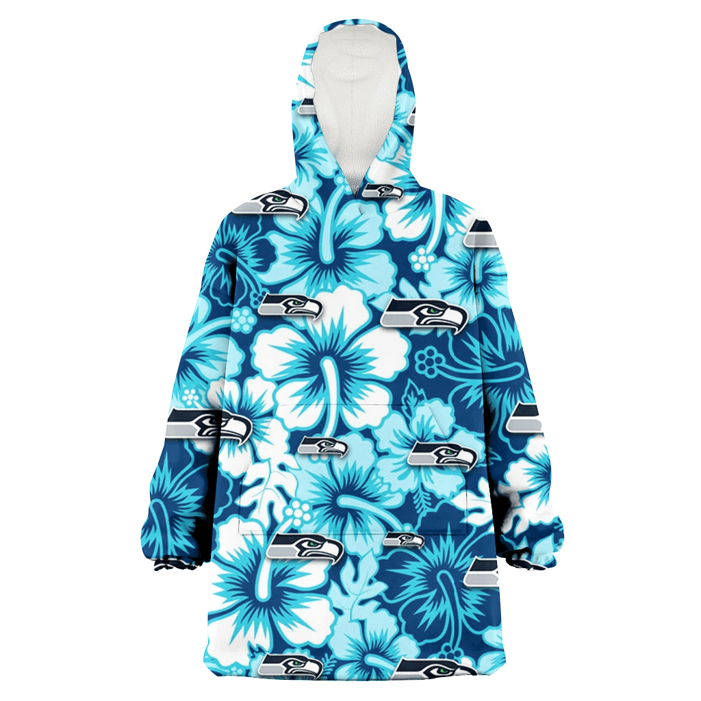 Seattle Seahawks White Blue Hibiscus Blue Background 3D Printed Hoodie Blanket Snug Hoodie