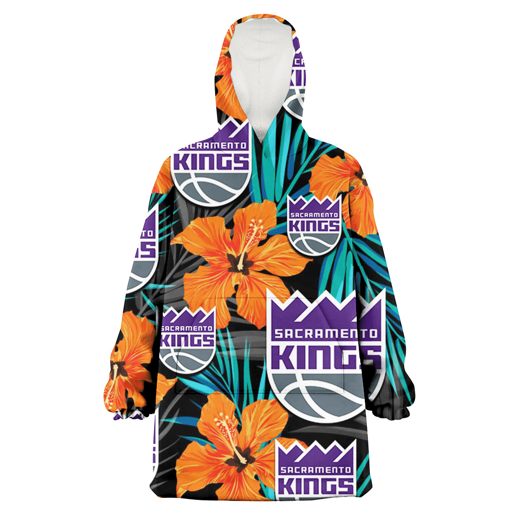 Sacramento Kings Orange Hibiscus Blue Gray Leaf Black Background 3D Printed Hoodie Blanket Snug Hoodie