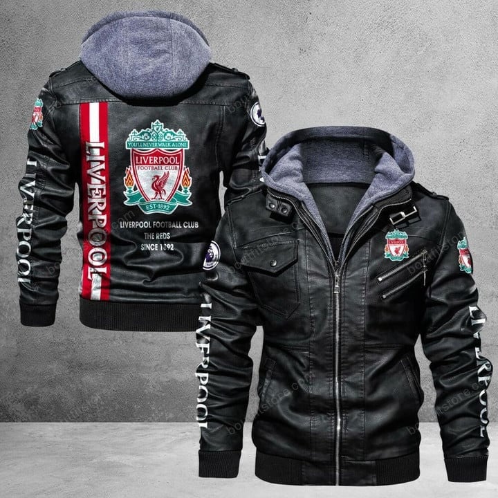 Liverpool F.C Premier League Leather Jacket With Hood Black