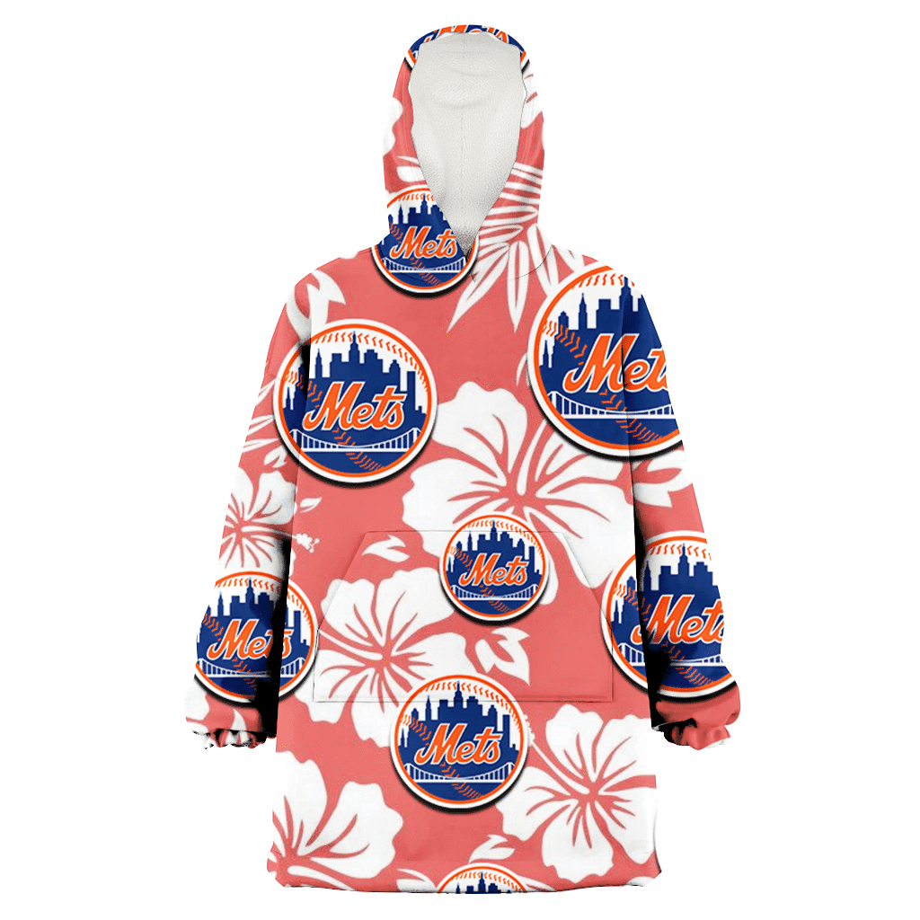 New York Mets White Hibiscus Salmon Background 3D Printed Hoodie Blanket Snug Hoodie