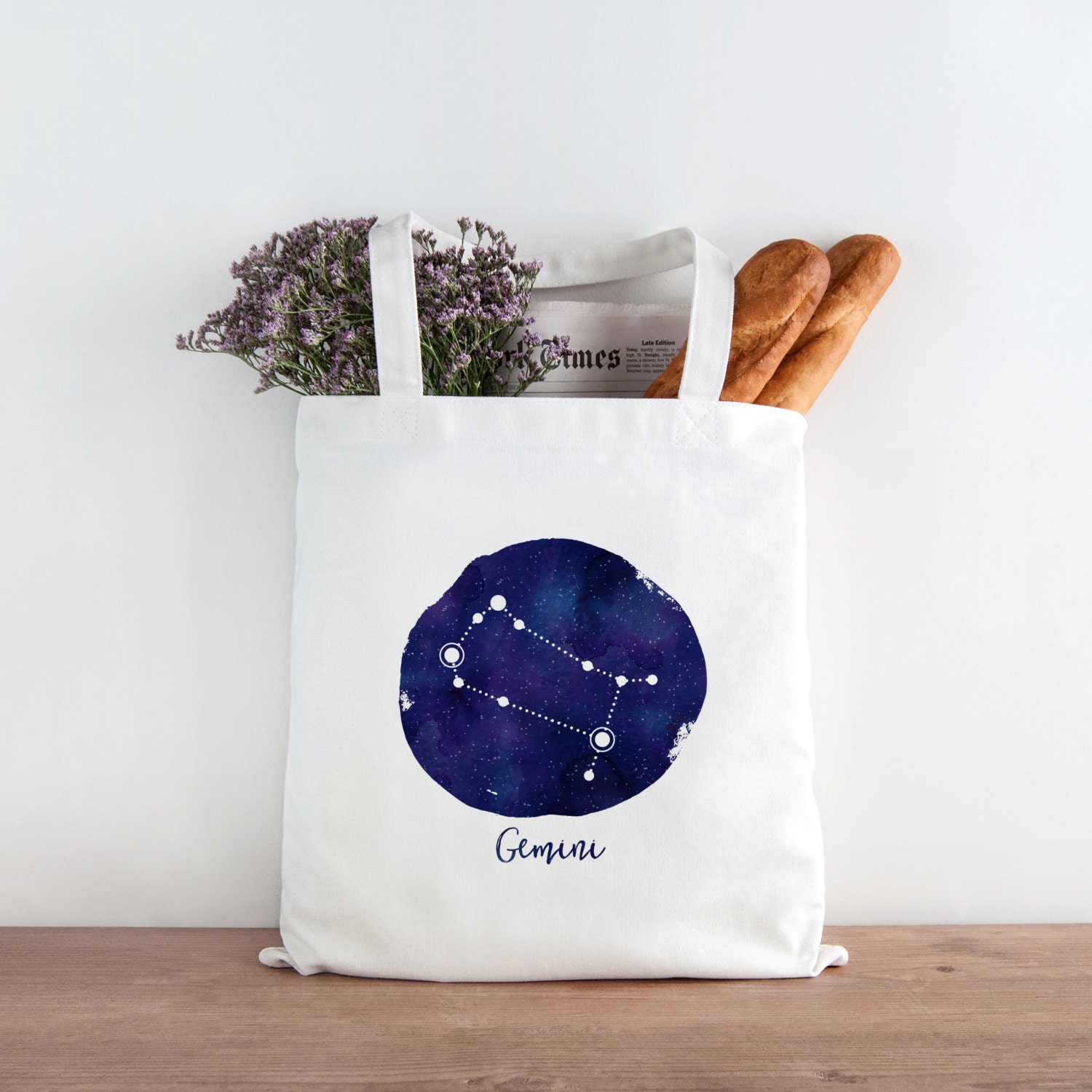 Astrology Tote Bag, Gemini Constellation Art Tote Bag, Zodiac Tote, Celestial Tote Bag, Celestial Gift, Reusable Grocery Bag 0078