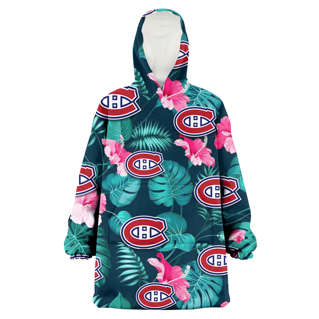 Montreal Canadiens Pink Hibiscus Green Leaves Dark Background 3D Printed Hoodie Blanket Snug Hoodie