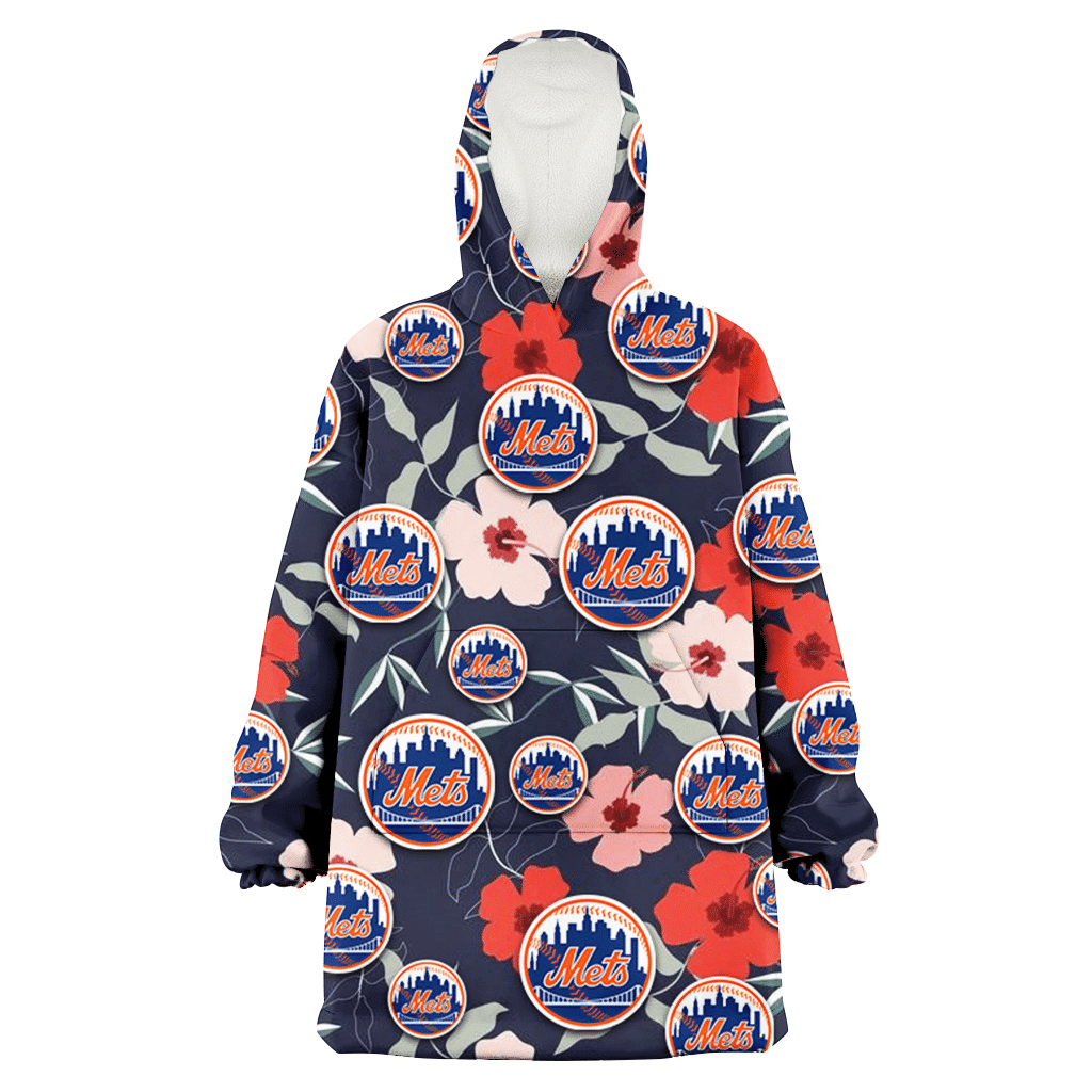 New York Mets Red Pink White Hibiscus Black Background 3D Printed Hoodie Blanket Snug Hoodie