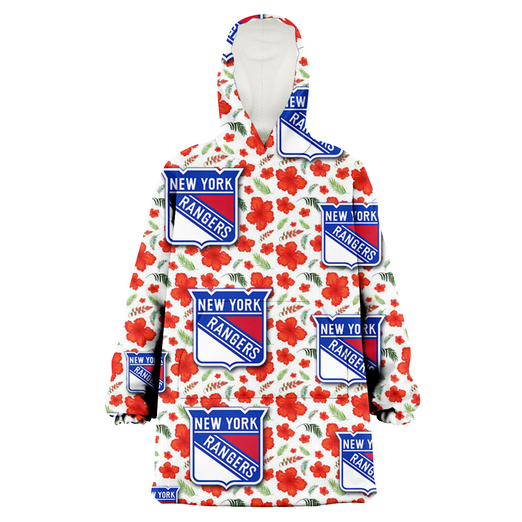 New York Rangers Tiny Red Hibiscus Green Leaf White Cube Background 3D Printed Hoodie Blanket Snug Hoodie