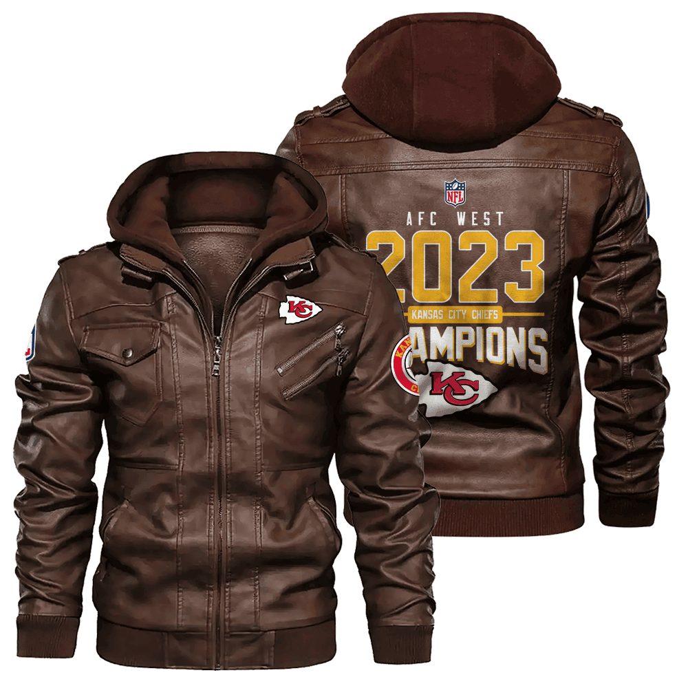 Kansas City Chiefs AFC West 2023 Division Champions Team Logo Zip Brown Leather Jacket With Hood