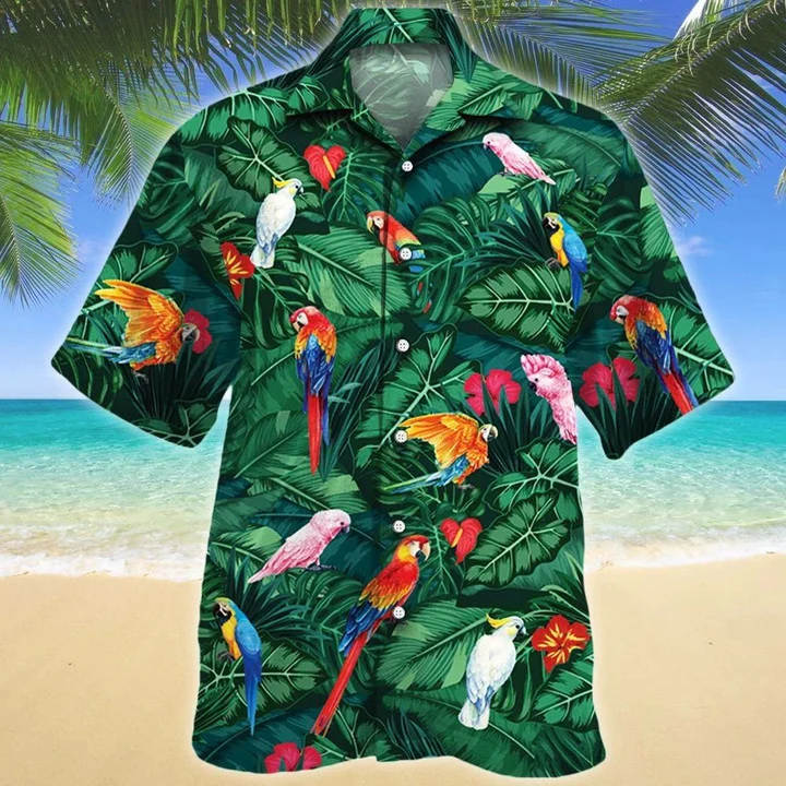 Tropical Parrots Dark Green Hawaiian Shirt, Summer Aloha Hawaii Shirt For Men Women