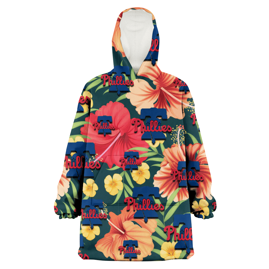 Philadelphia Phillies Orange Red Hibiscus Green Leaf Dark Background 3D Printed Hoodie Blanket Snug Hoodie